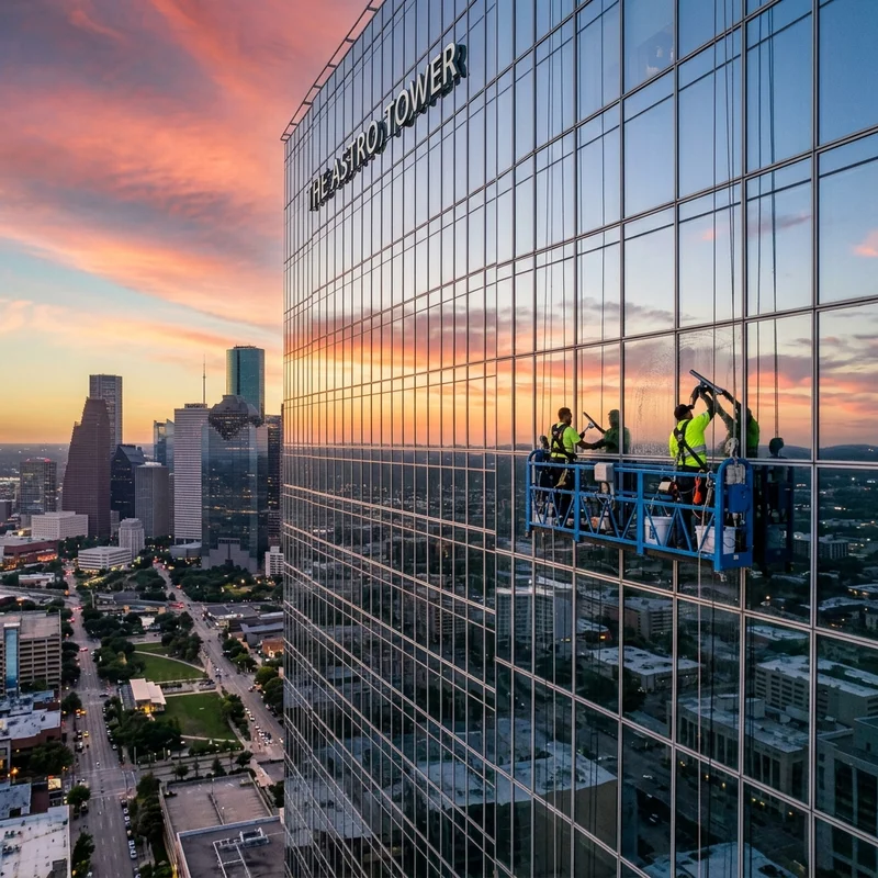 Commercial Building Facade pressure washing and window cleaning in Houston TX