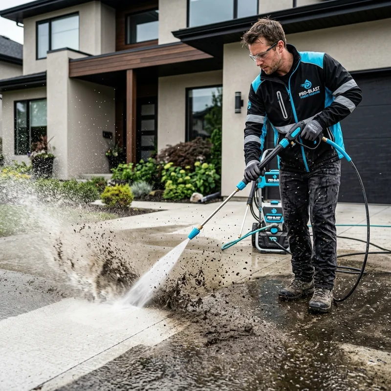 Concrete driveway high pressure washing and grease cleaning in Houston