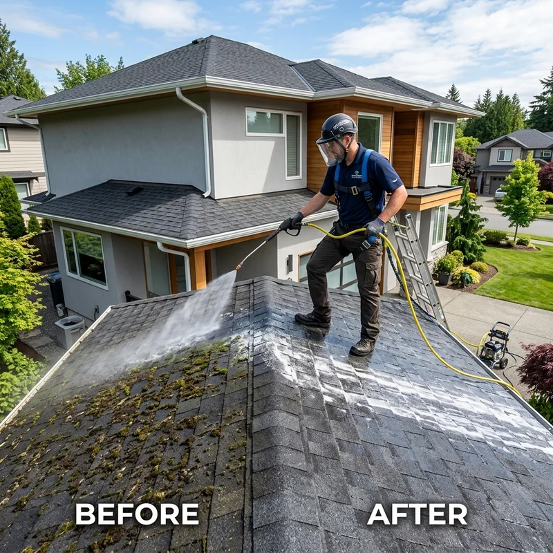 Eco friendly roof soft washing and moss removal service Houston Texas